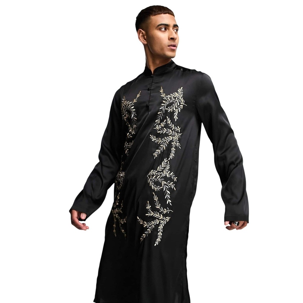 ASOS DESIGN Mens Black‎ Satin Longline Tunic Gold Leaf Embroidery 3XL